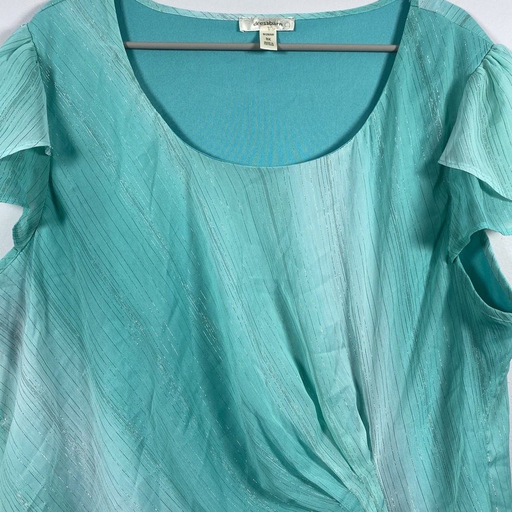 Dressbarn Blouse Woman 3X Teal Metallic Stripe Flutter Sleeve Side Drape Top - Picture 2 of 8
